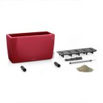 red, rectangular planter with rollers